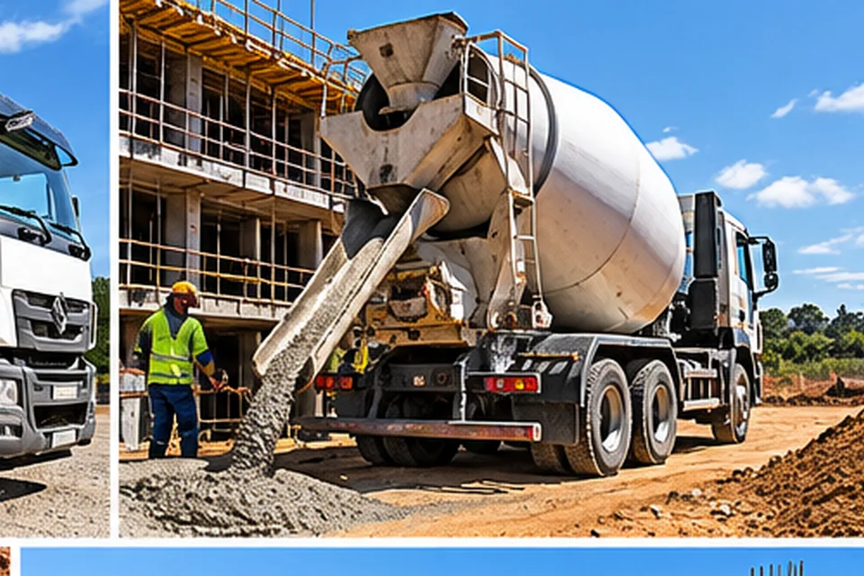 Caminhão betoneira descarregando concreto usinado em obra